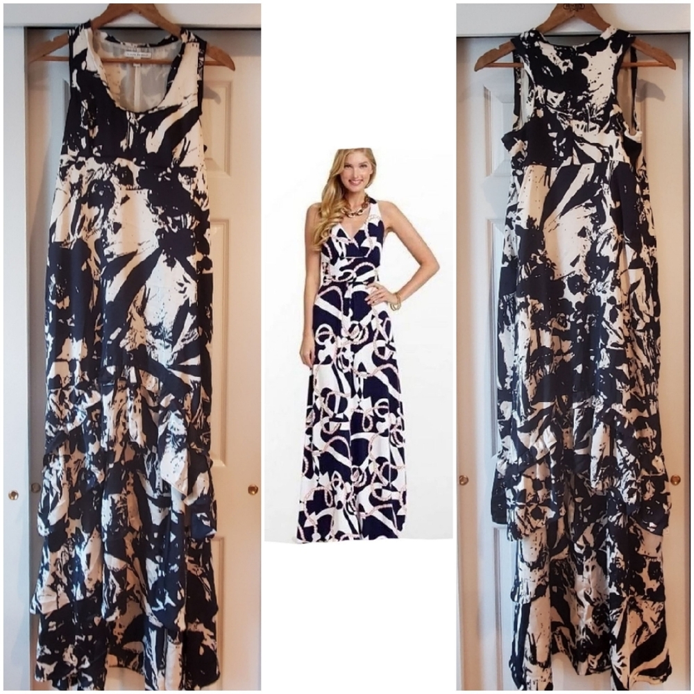 Banana Republic Navy Abstract Print Tiered High Low Ruffle Hem Maxi Dress